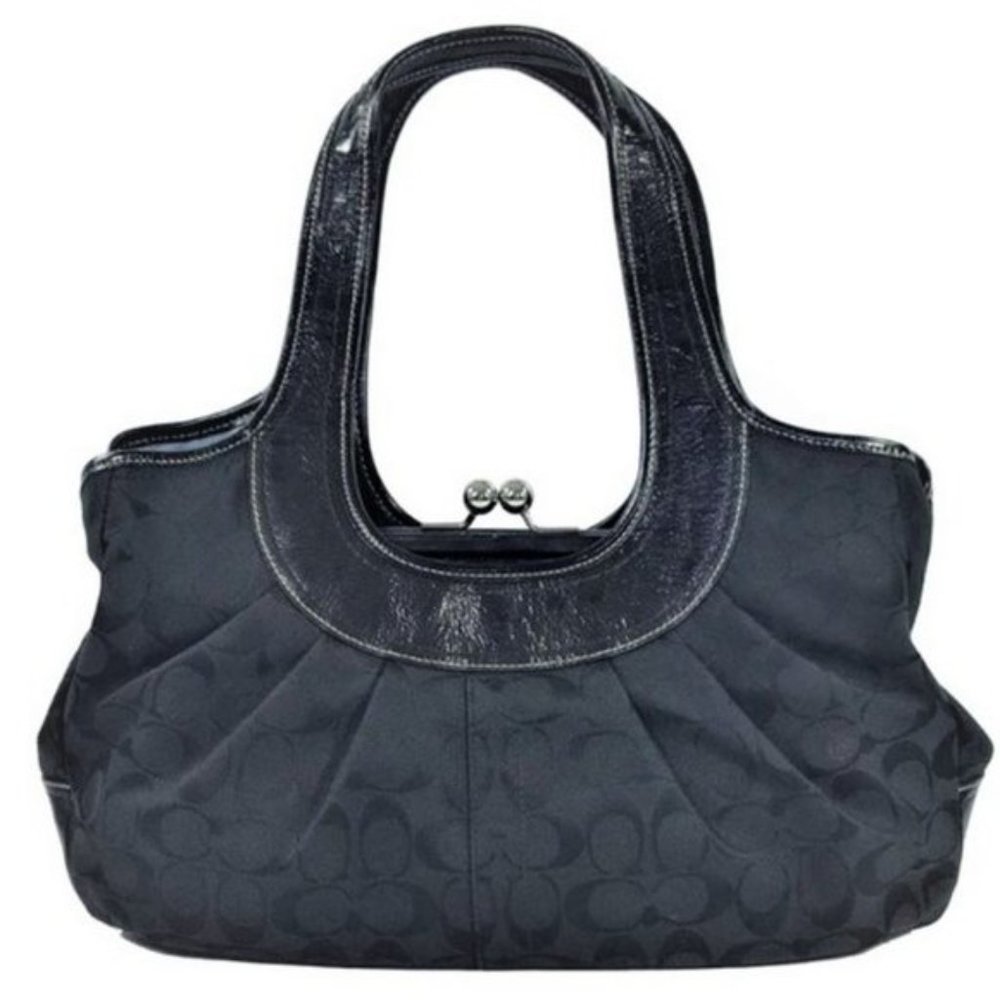COACH Black Logo Canvas with Patent Leather Trim Shoulder Kiss-lock Satchel - Picture 1 of 12